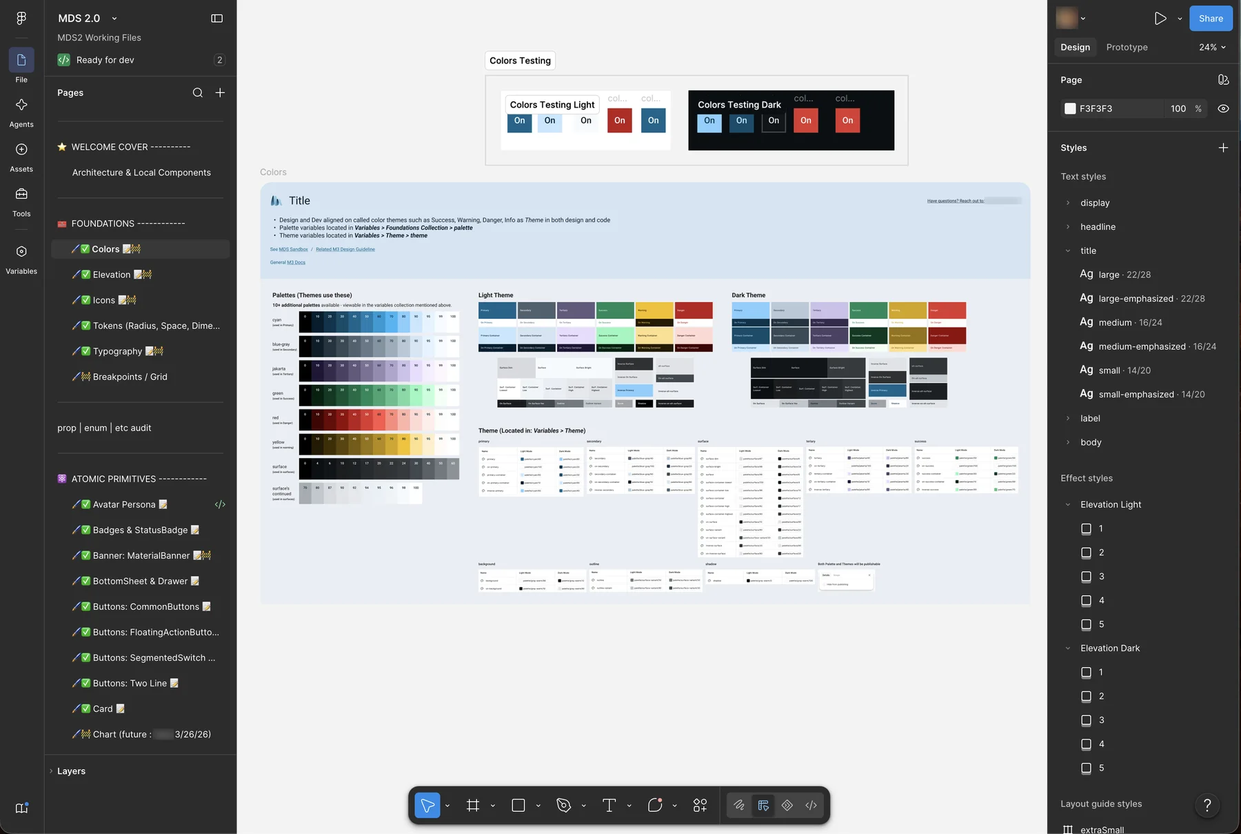 The MDS 2.0 library at 24% zoom, showing seven named tonal palettes, the light and dark theme boards that alias into them, and separate elevation effect styles per mode.