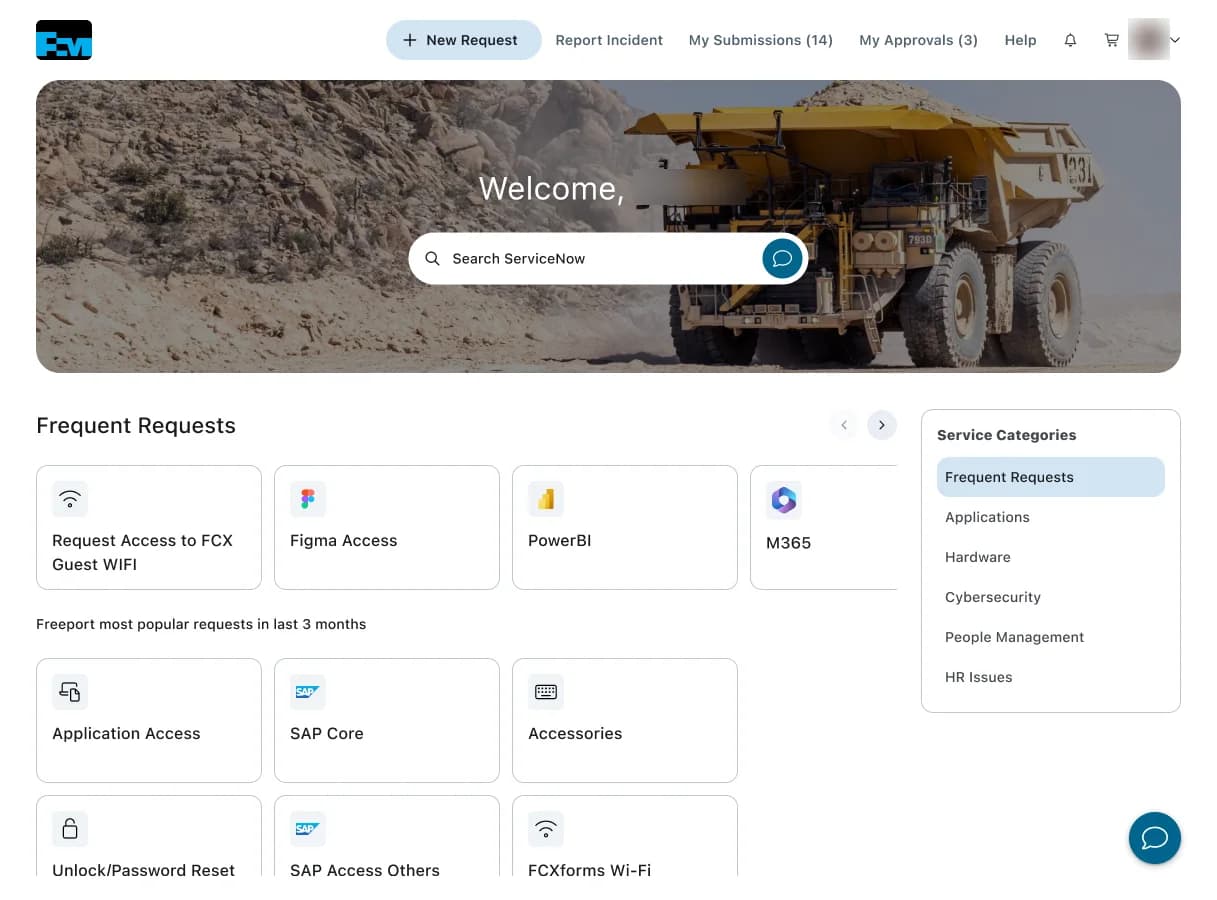 The rebuilt employee support portal home page: a ranked catalog of what people actually request, a persistent service taxonomy, and one search field that reaches the whole platform.