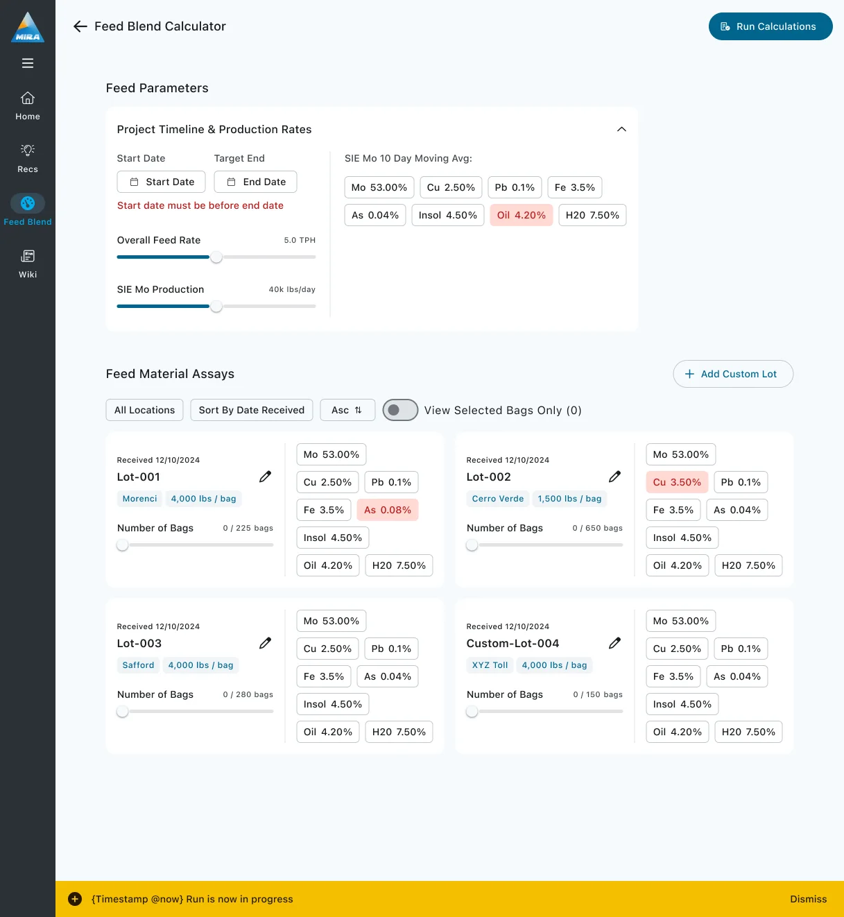 The feed blend input screen, pairing every candidate lot's selection slider with the assay chips needed to choose it, captured with a validation error, an active filter and a job toast all live.