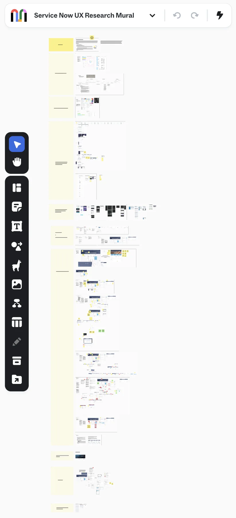 The whole ServiceNow research workspace as one Mural board. Text renders as placeholder bars at this zoom, so it shows the shape and volume of the work rather than any finding.